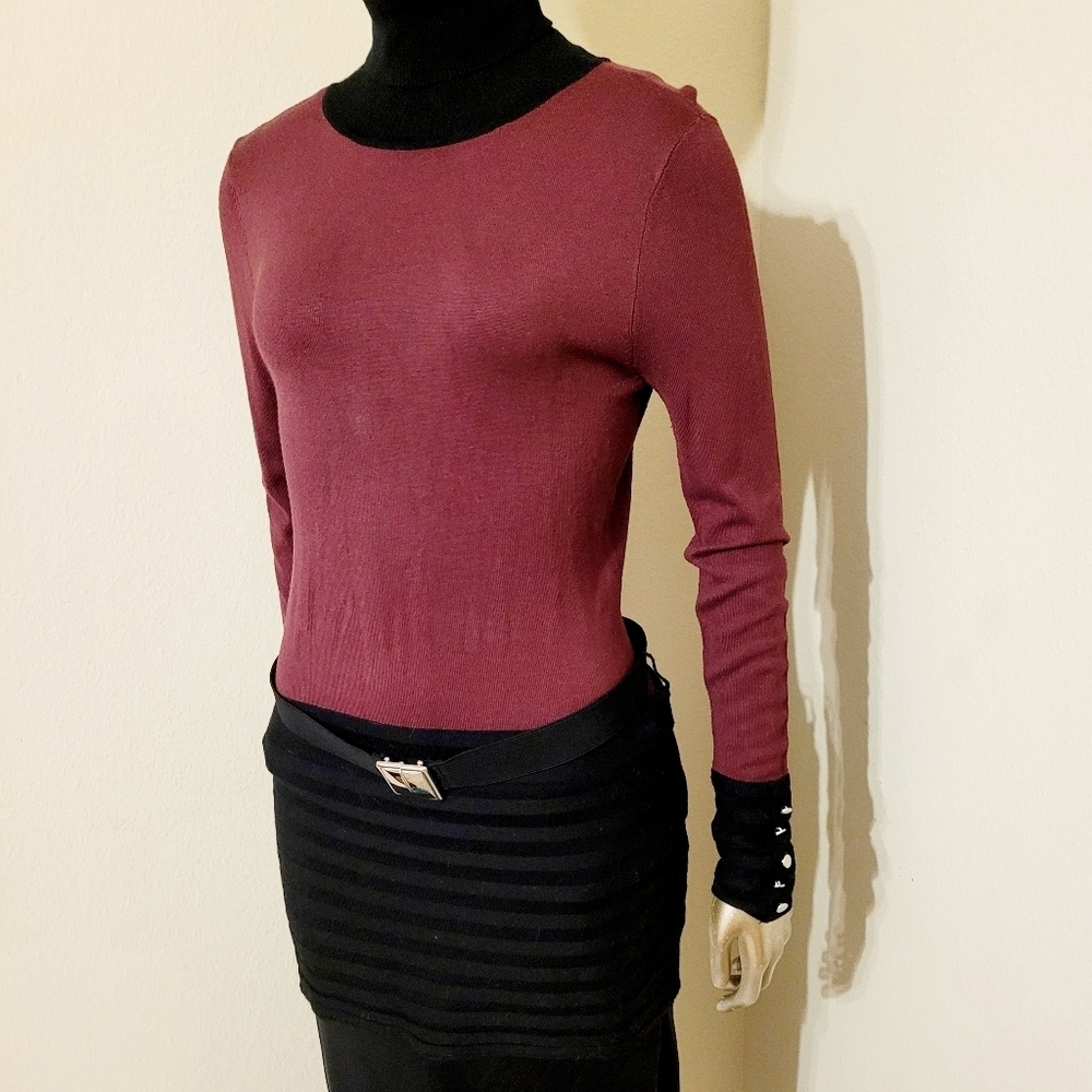 NWOT VENUS Colorblock Sophisticated High Neck Long Belted Sweater Top Sz M - Picture 5 of 12
